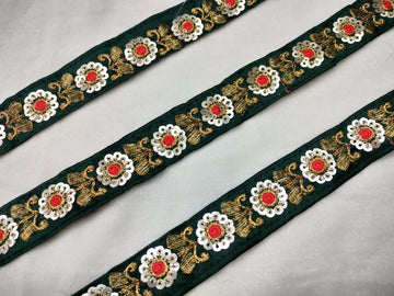 Elegant Dark Green Floral Sequin Trim