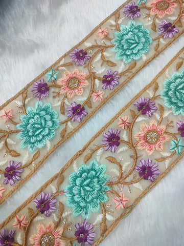 Vibrant Multicolor Embroidery Floral Trim