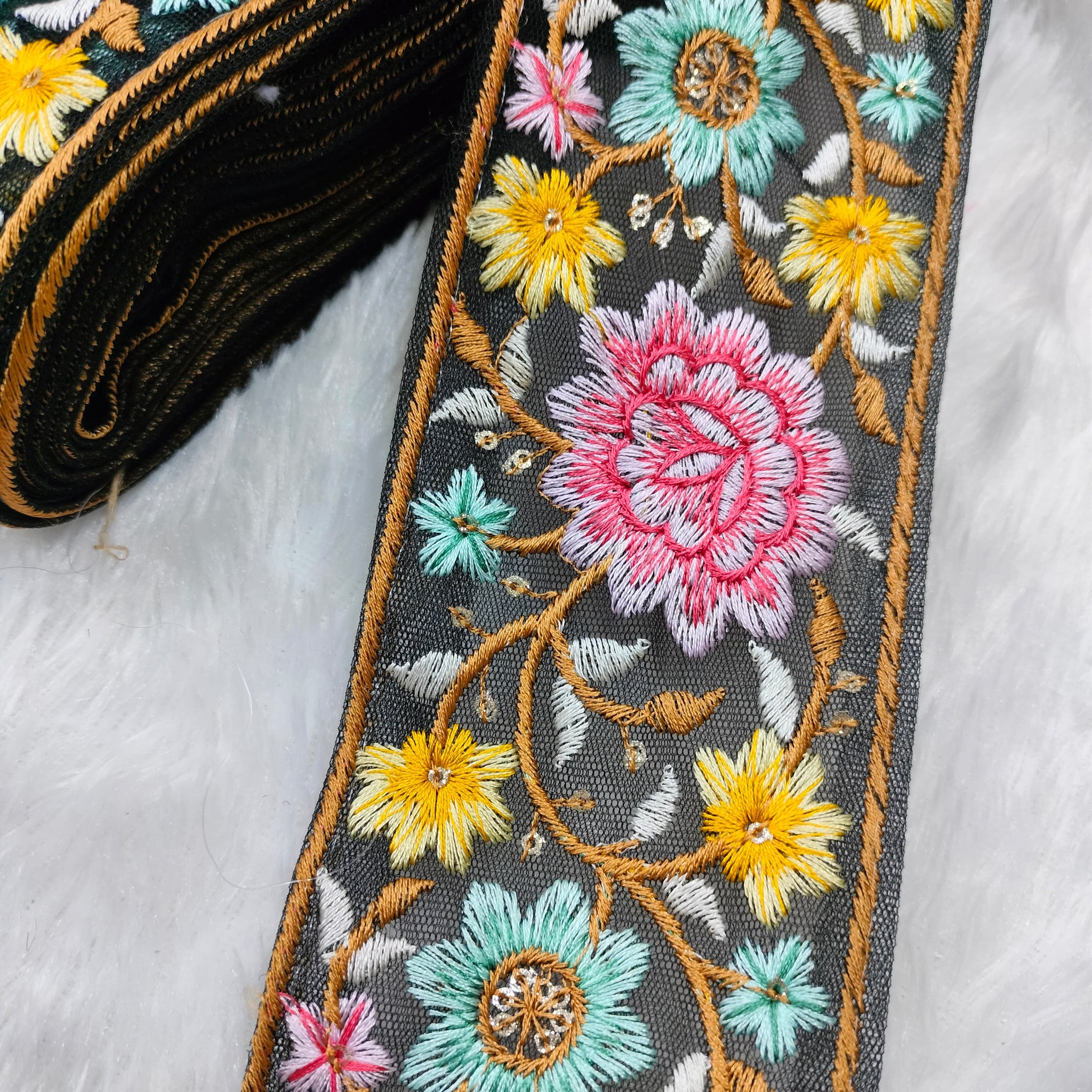 Bold Multicolor Embroidery Floral Trim