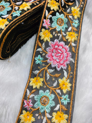 Bold Multicolor Embroidery Floral Trim