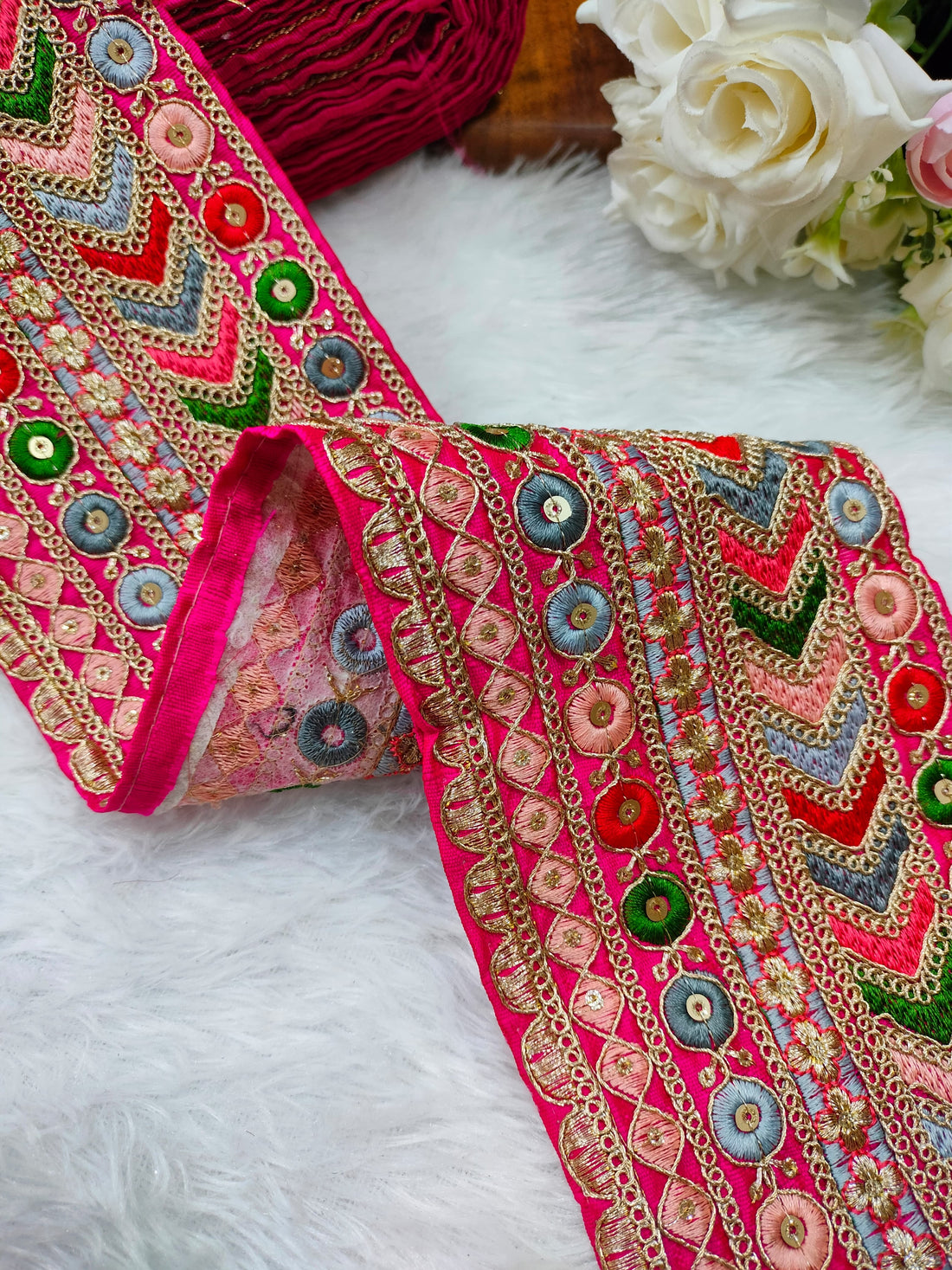 Charming Pink Base Multicolor Embroidery Trim