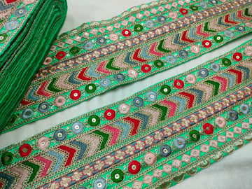 Vibrant Mint Green Base Multicolor Embroidery Lace Trim