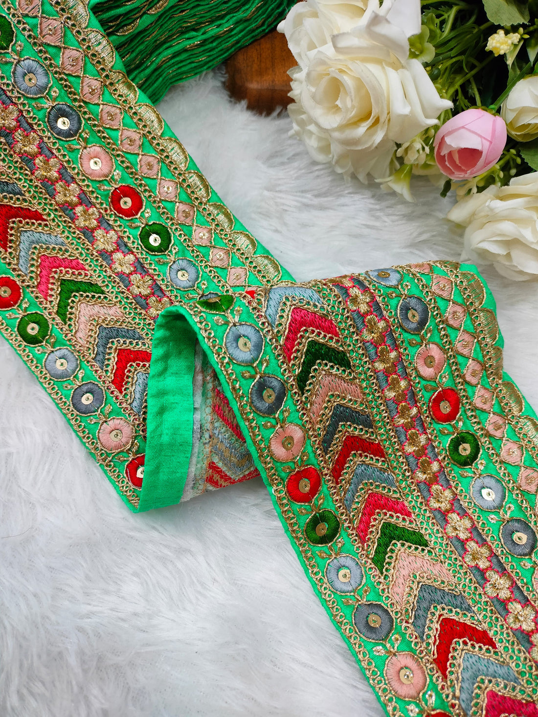 Vibrant Mint Green Base Multicolor Embroidery Lace Trim