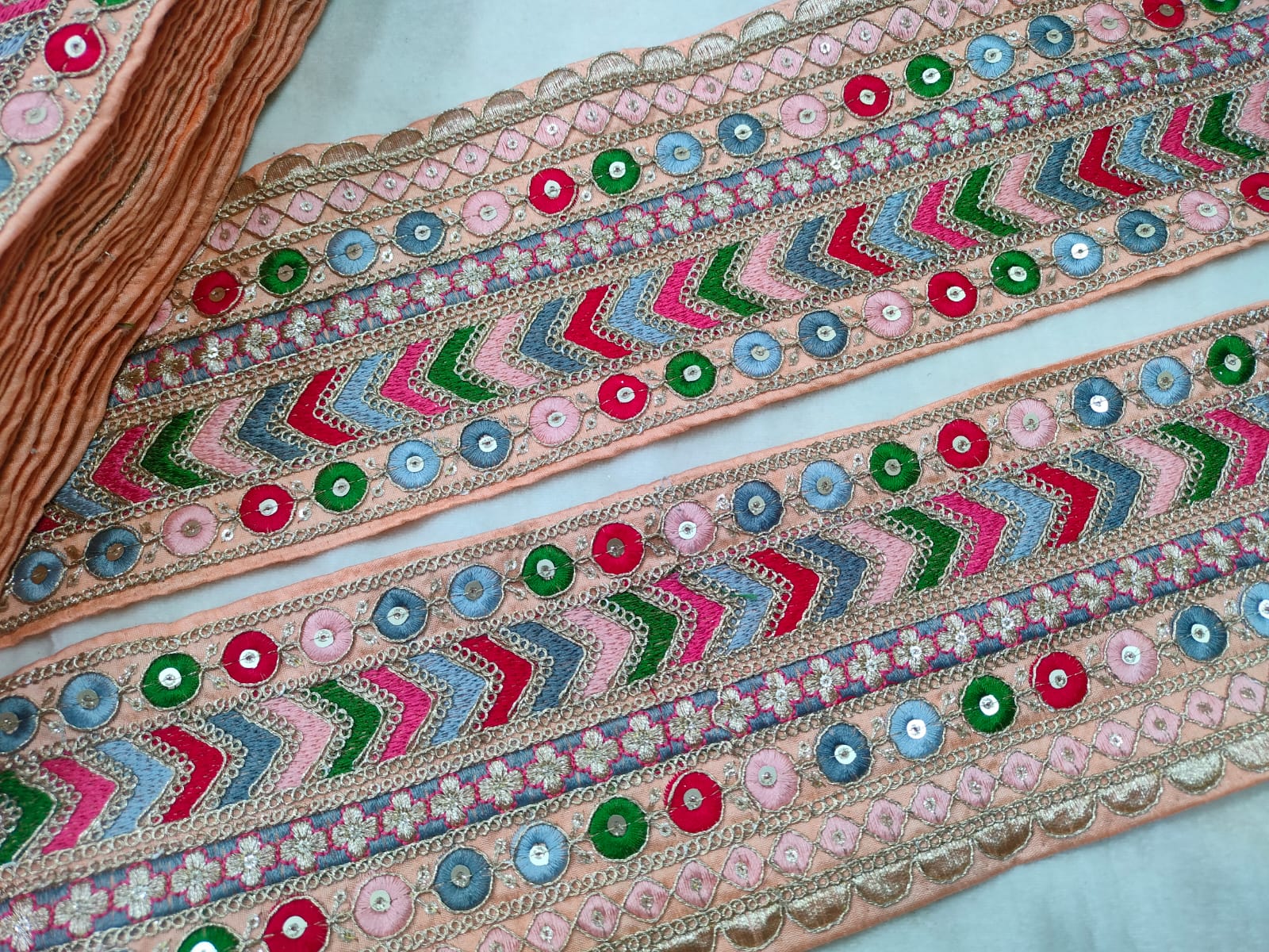 Charming Peach Base Multicolor Embroidery Trim