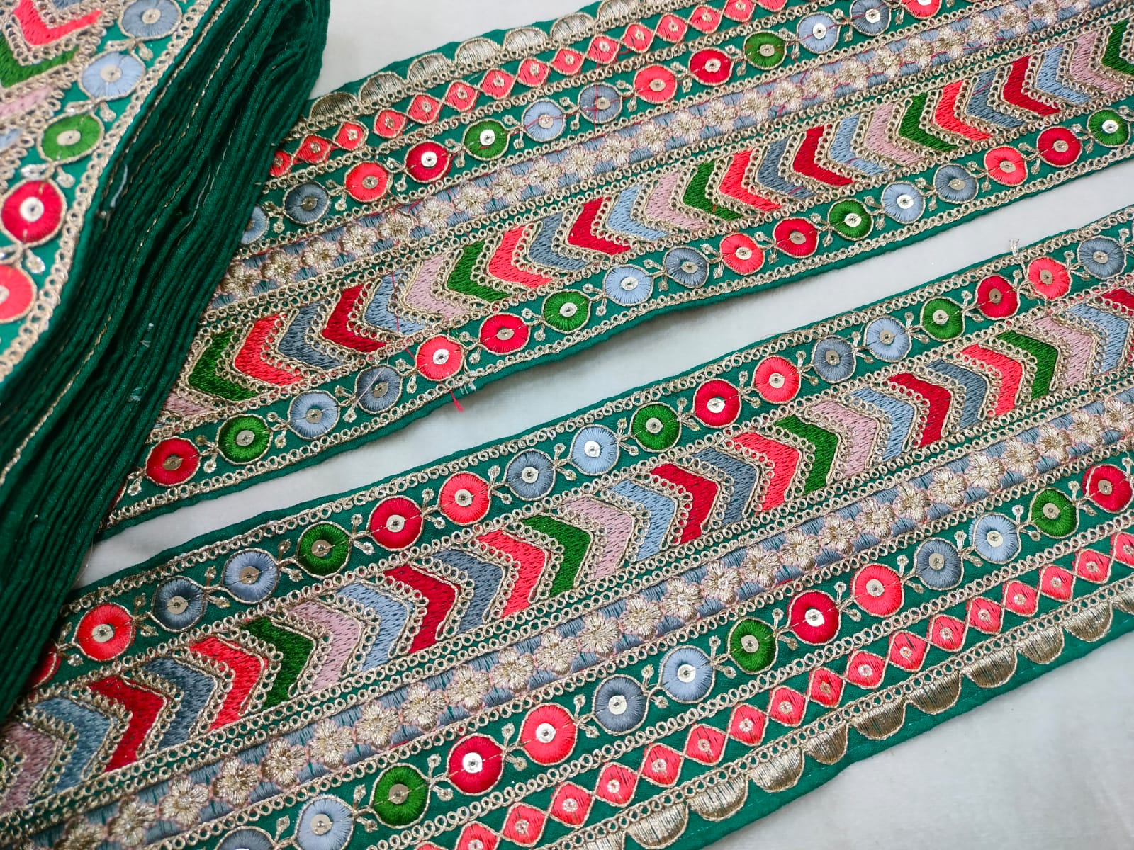 Vibrant Green Base Multicolor Embroidery Lace Trim