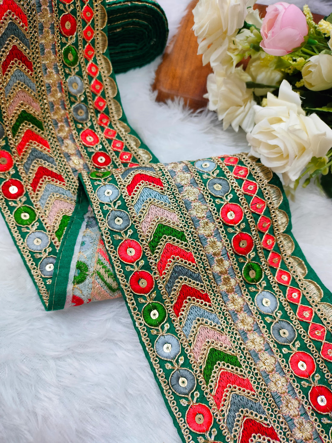 Vibrant Green Base Multicolor Embroidery Lace Trim