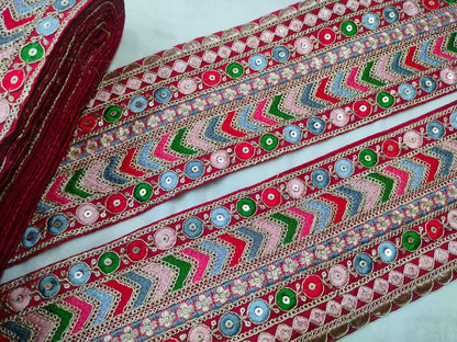 Vibrant Red Base Multicolor Embroidery Lace Trim