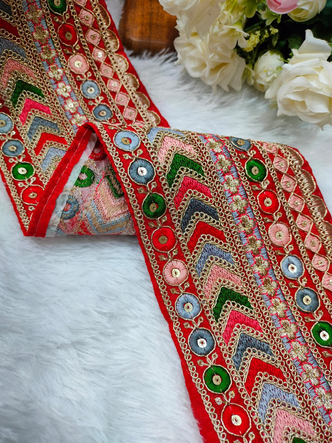 Vibrant Red Base Multicolor Embroidery Lace Trim