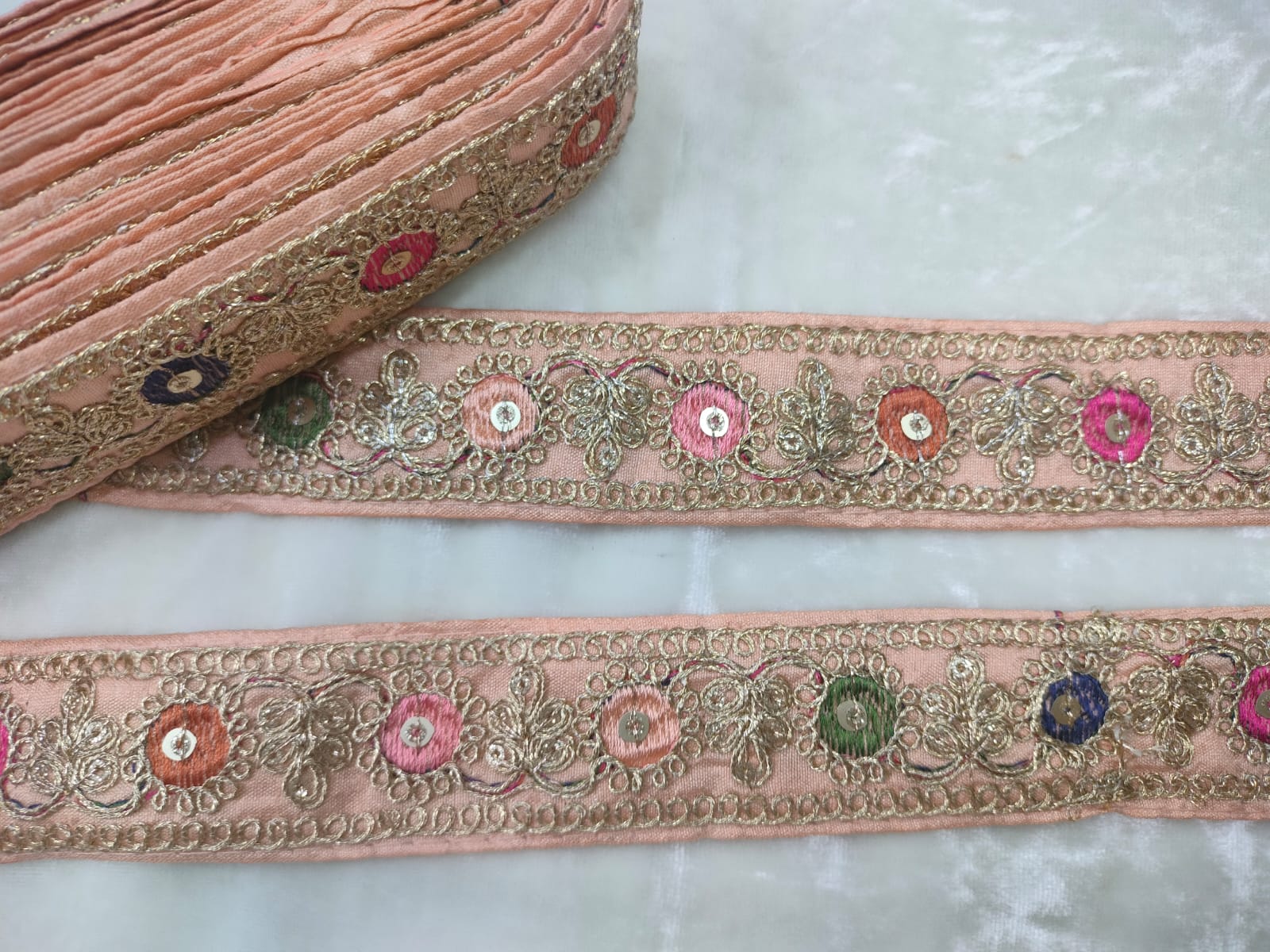 Vibrant Peach Base Multicolor Embroidery Lace Trim