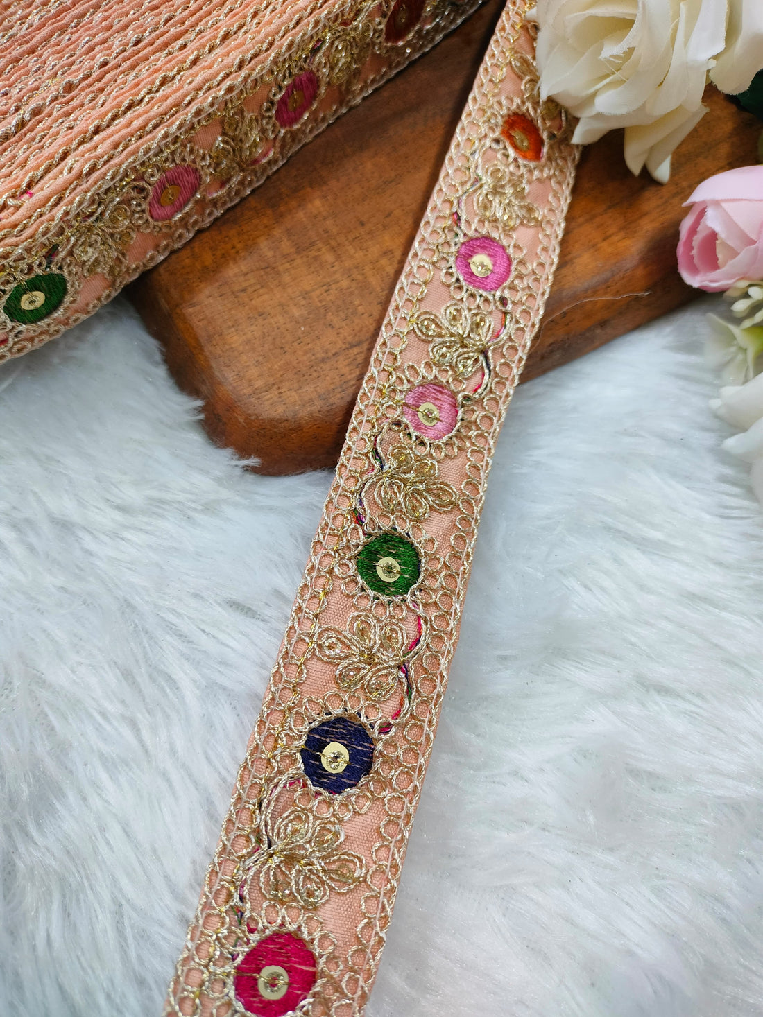 Vibrant Peach Base Multicolor Embroidery Lace Trim