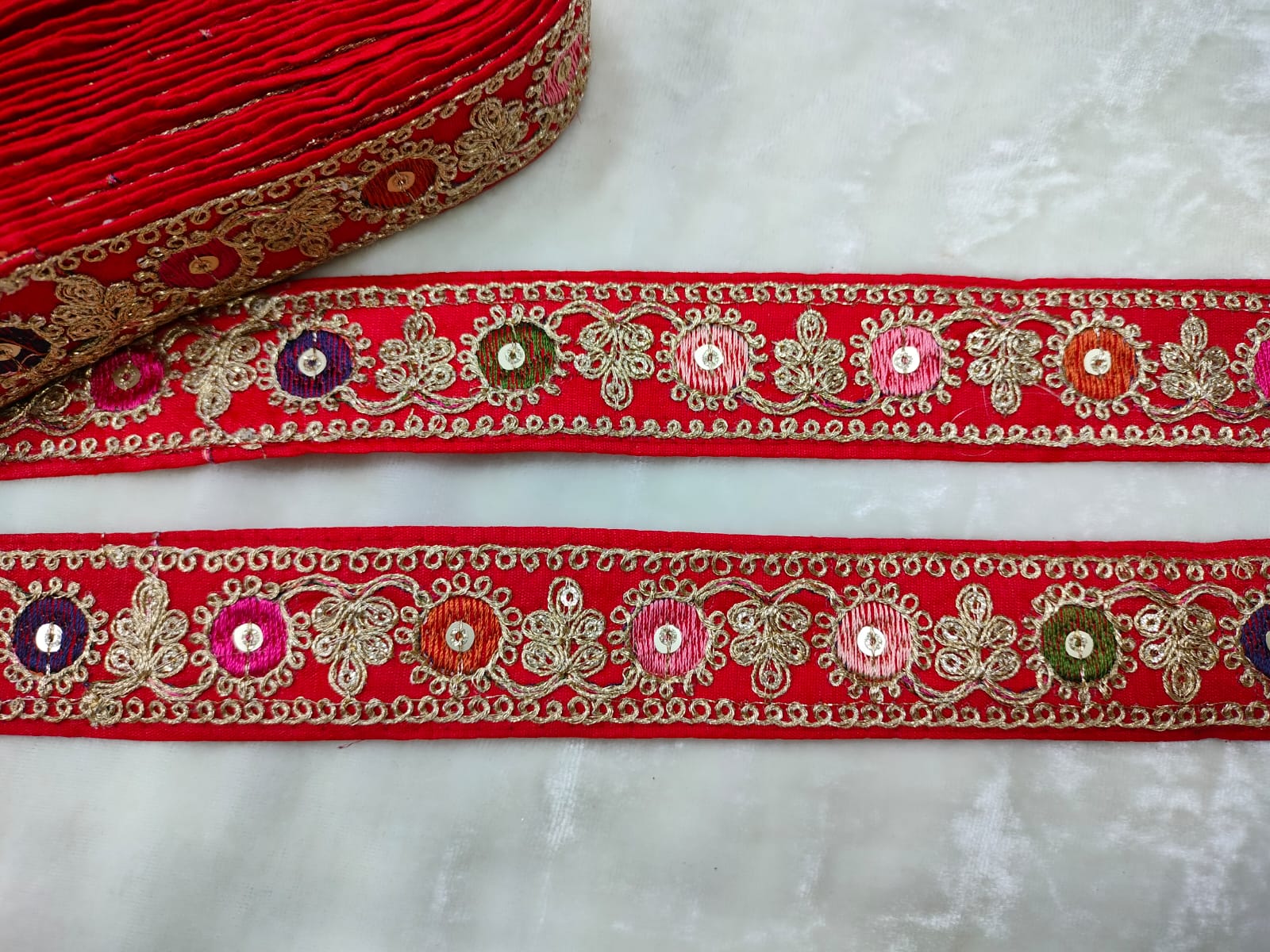 Charming Red Base Multicolor Embroidery Trim