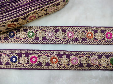 Vibrant Purple Base Multicolor Embroidery Lace Trim