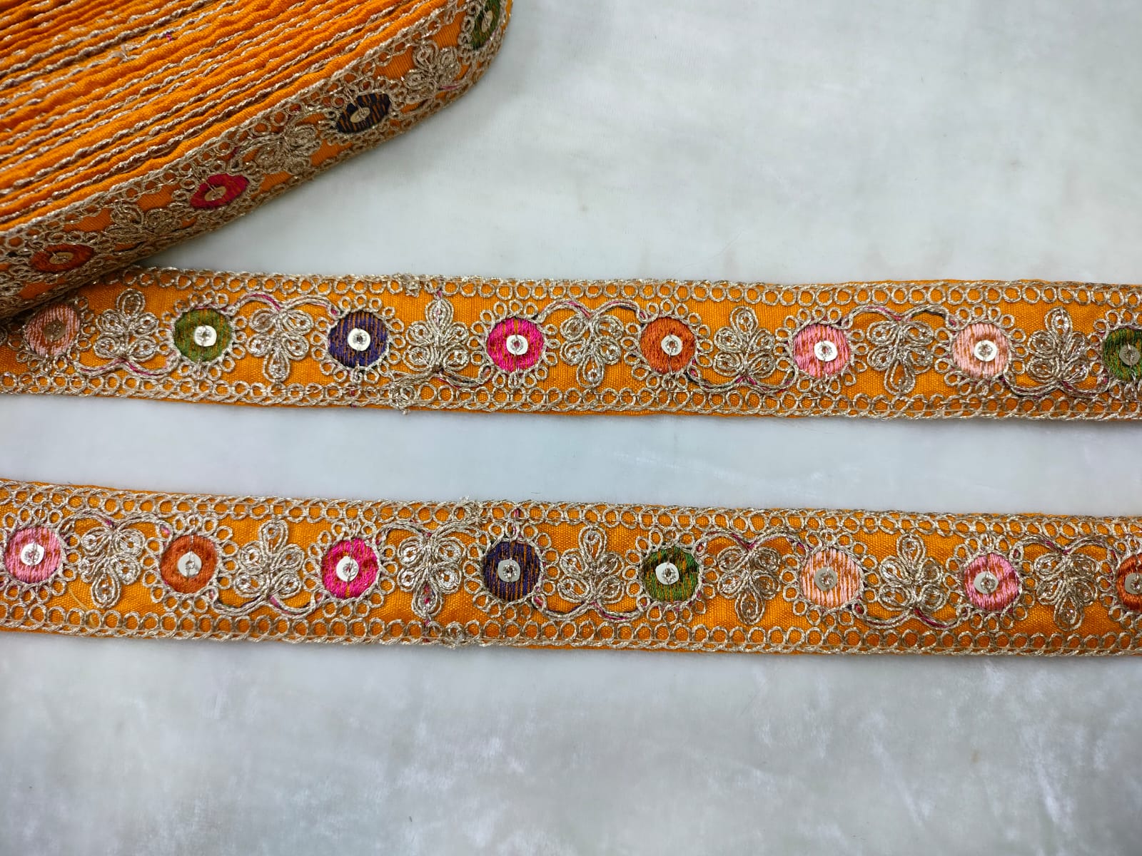 Vibrant Yellow Base Multicolor Embroidery Lace Trim