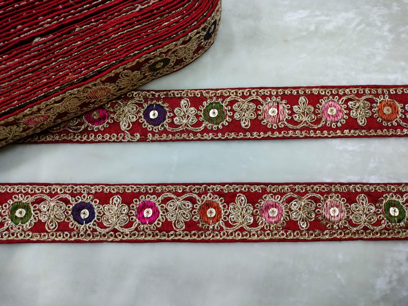 Vibrant Maroon Base Multicolor Embroidery Lace Trim