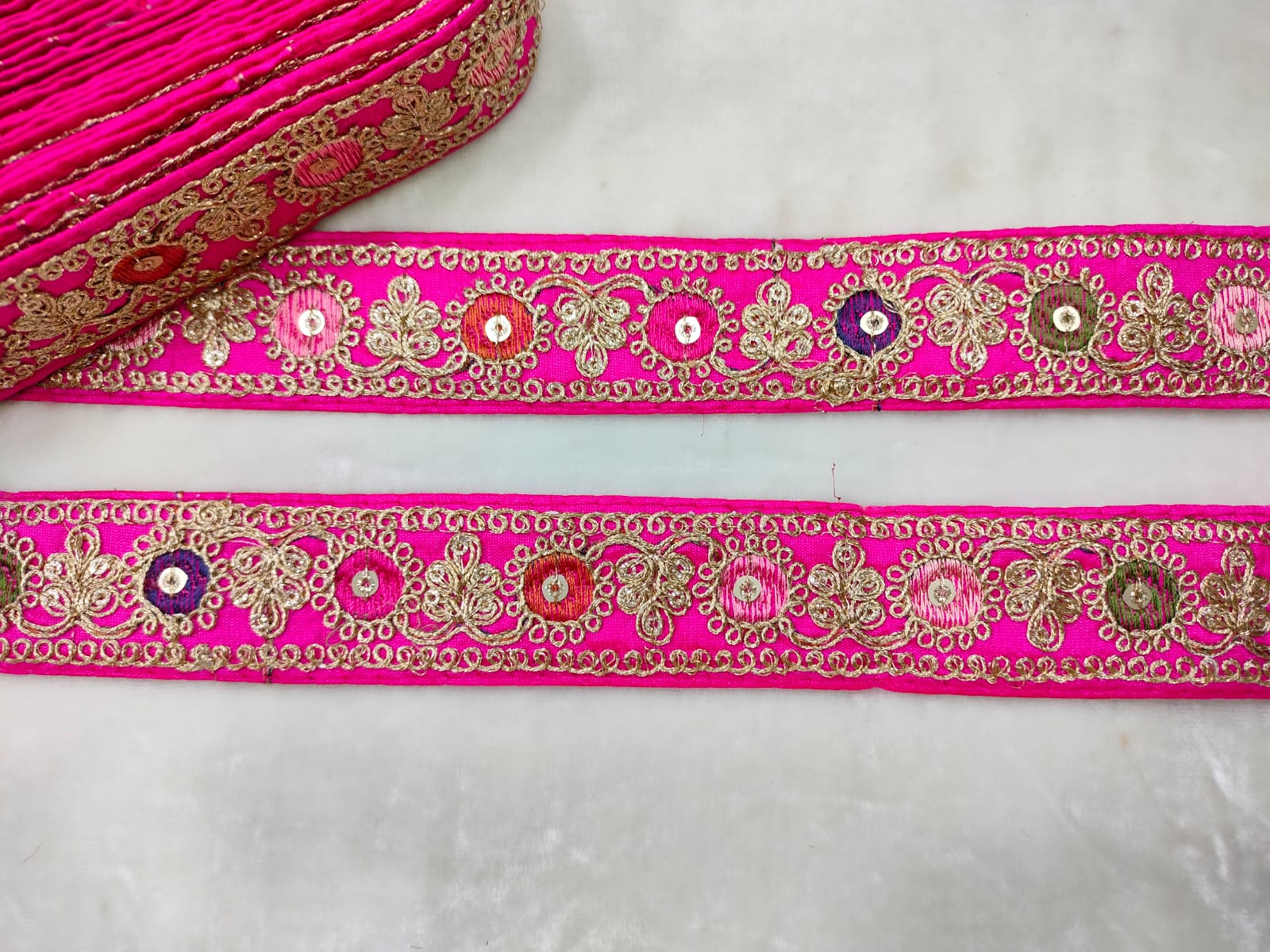 Vibrant Pink Base Multicolor Embroidery Lace Trim