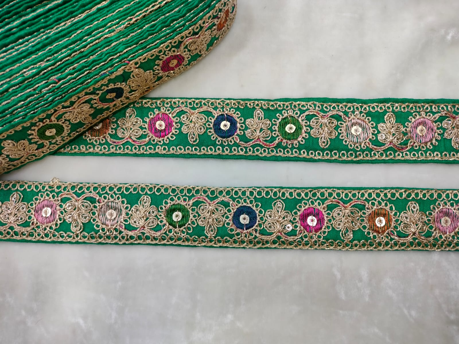 Stylish Green Base Multicolor Embroidery Accent Trim