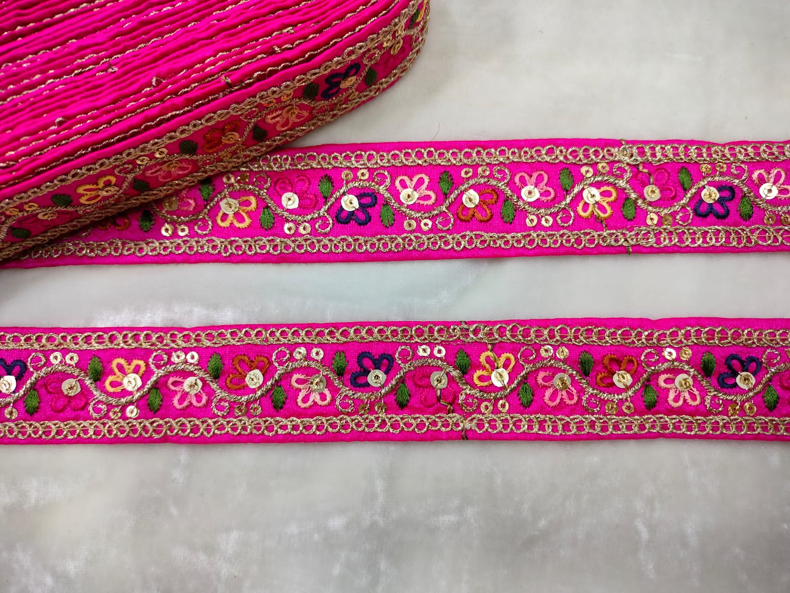 Vibrant Pink Base Multicolor Floral Lace Trim