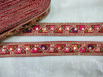 Stylish Maroon Base Multicolor Floral Accent Trim