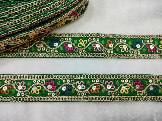 Elegant Dark Green Base Multicolor Floral Decorative Trim