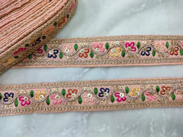 Vibrant Peach Base Multicolor Floral Lace Trim