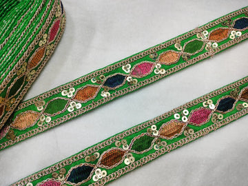 Vibrant Green Base Multicolor Floral Embroidery Trim