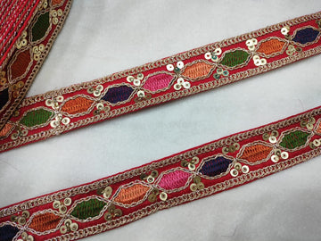 Elegant Red Base Multicolor Lace Trim