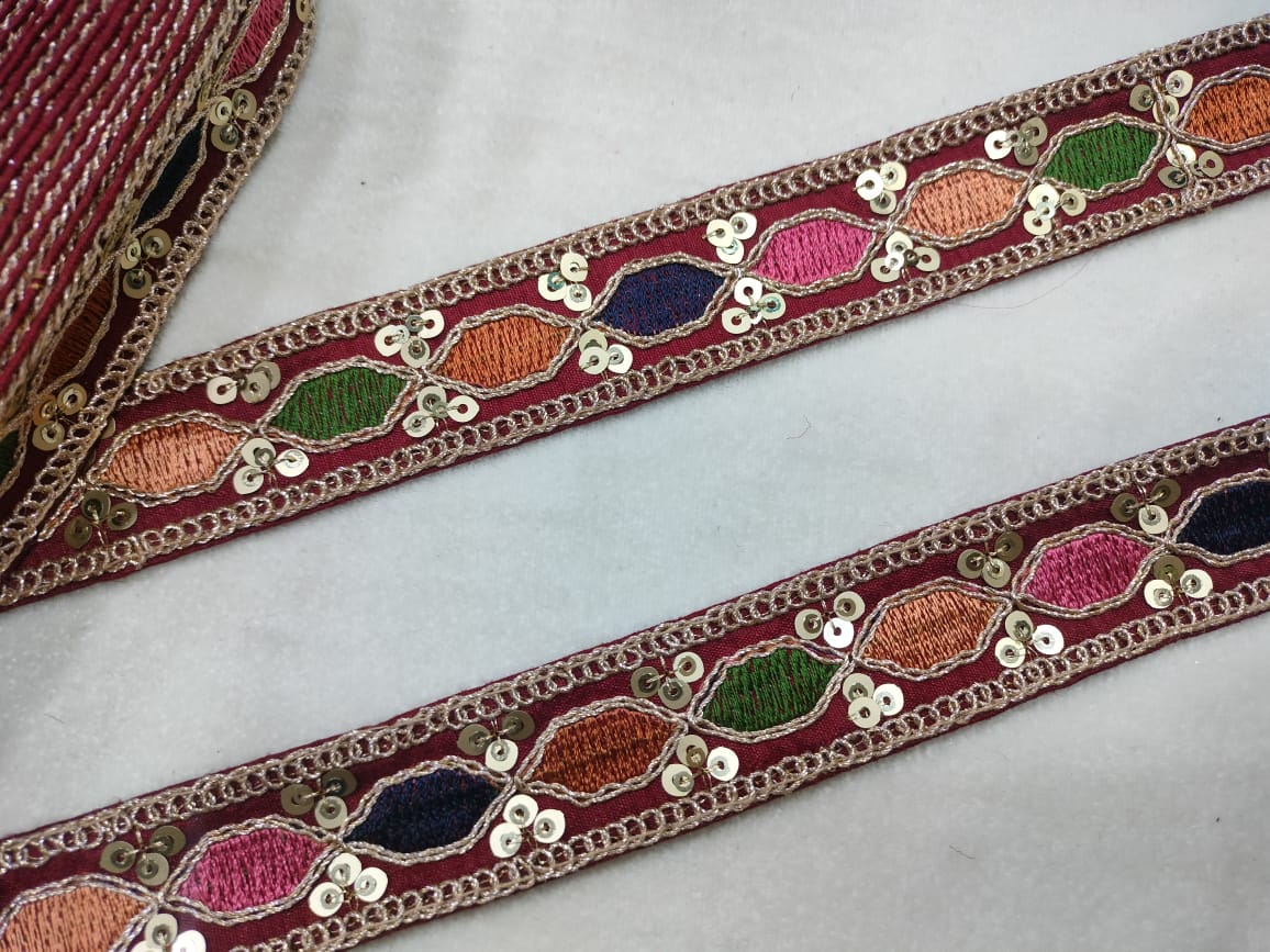 Radiant Maroon Base Multicolor Floral Lace Trim