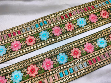 Dark Green Base Multicolor Floral Embroidery Trim