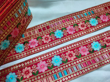 Red Base Multicolor Floral Embroidery Trim