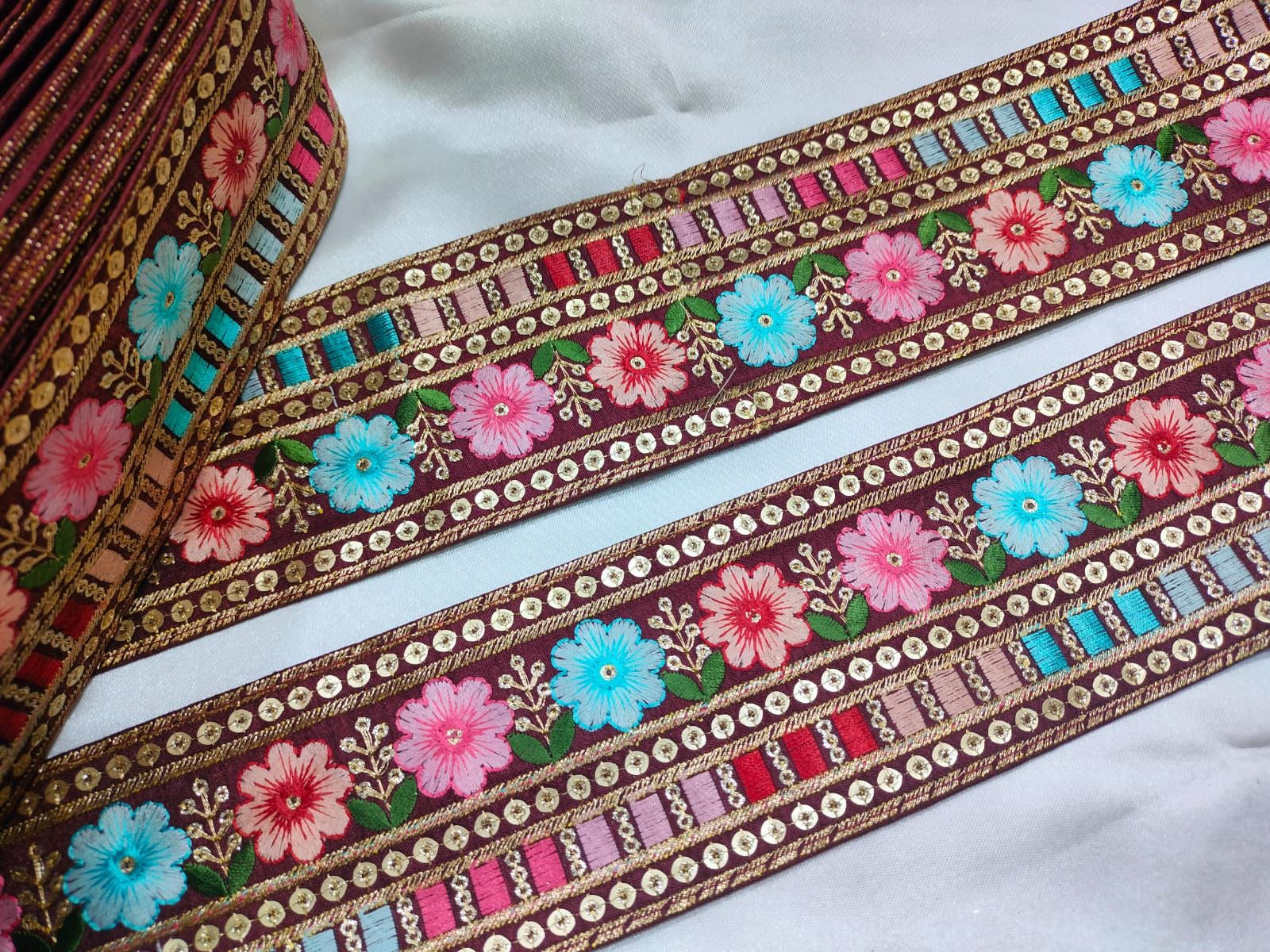 Elegant Maroon Base Multicolor Floral Embroidery Trim