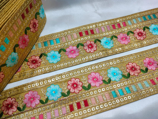 Elegant Yellow Base Multicolor Floral Embroidery Trim