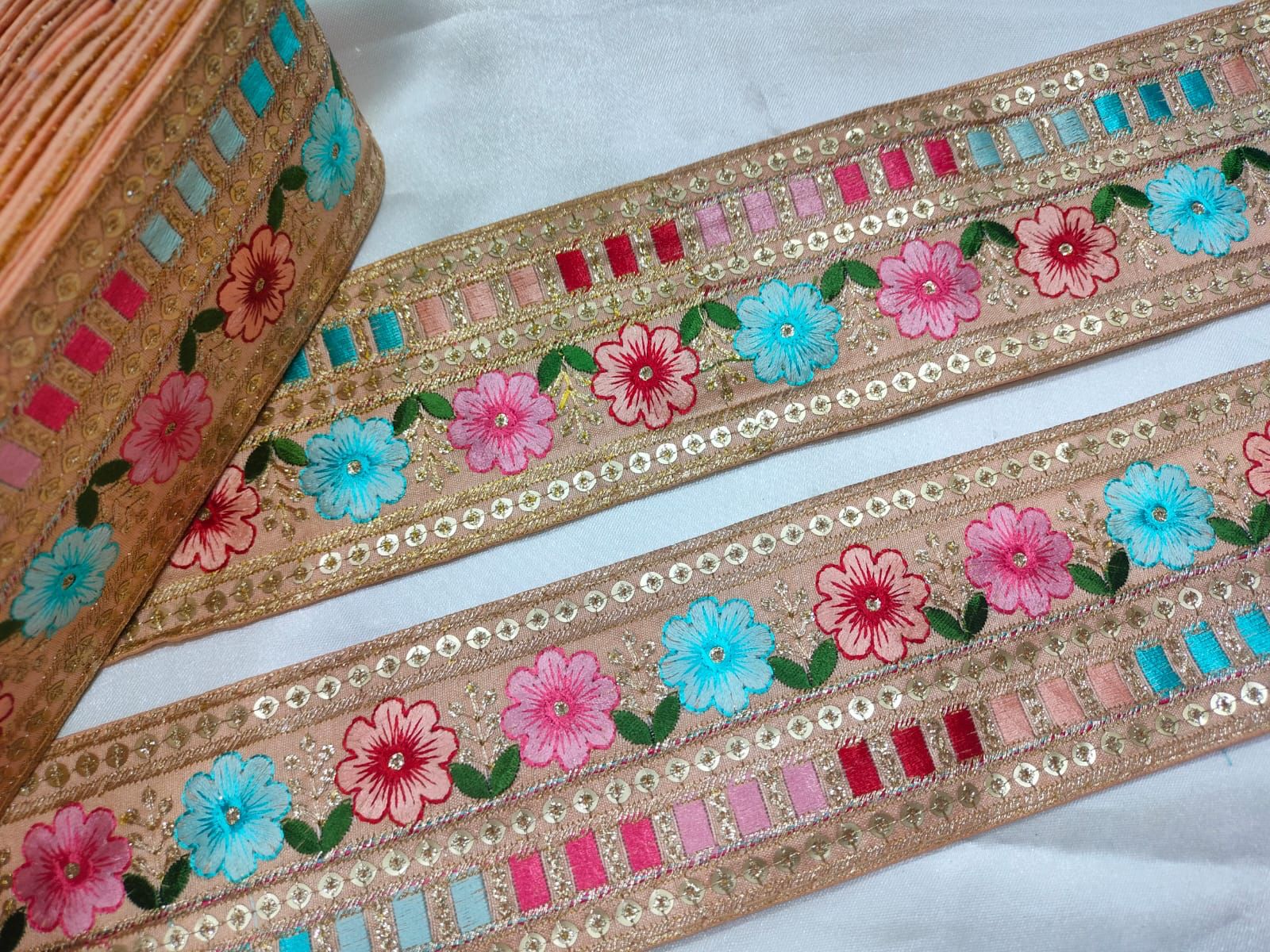 Elegant Peach Base Multicolor Floral Embroidery Trim