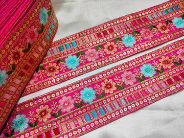 Elegant Pink Base Multicolor Floral Embroidery Trim