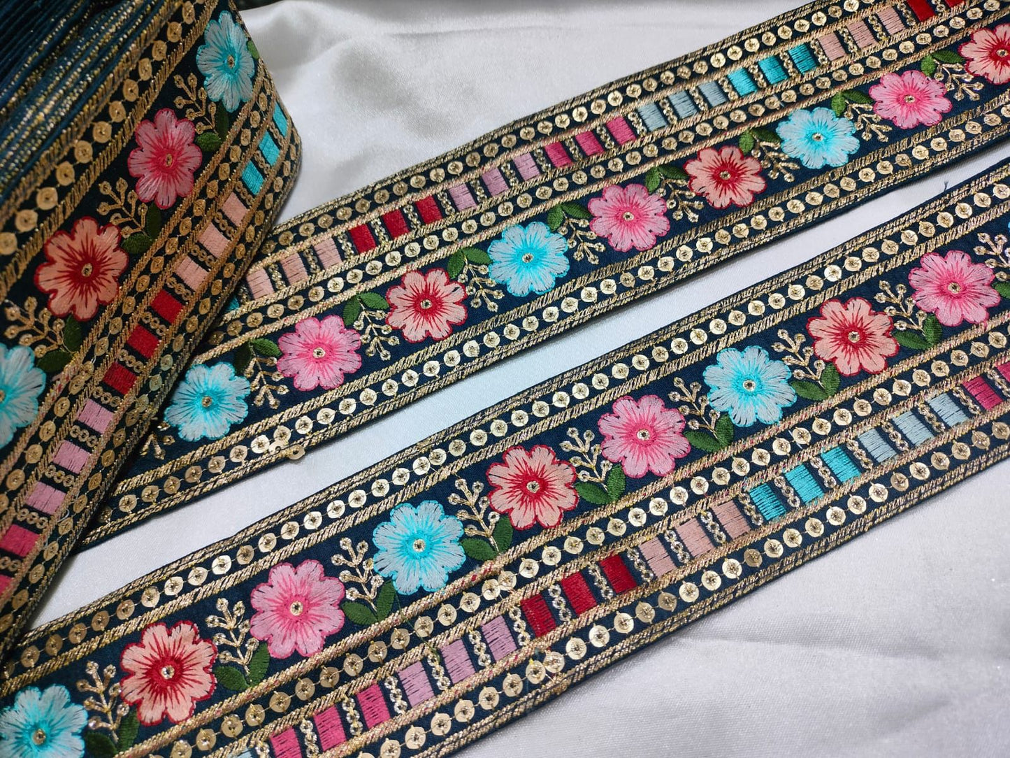 Teal Blue Base Multicolor Floral Embroidery Trim