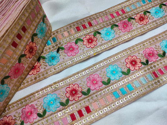 Light Pink Base Multicolor Floral Embroidery Trim