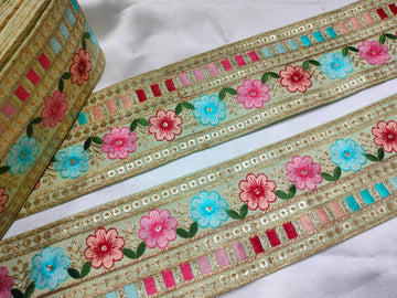 Mint Green Base Multicolor Floral Embroidery Trim