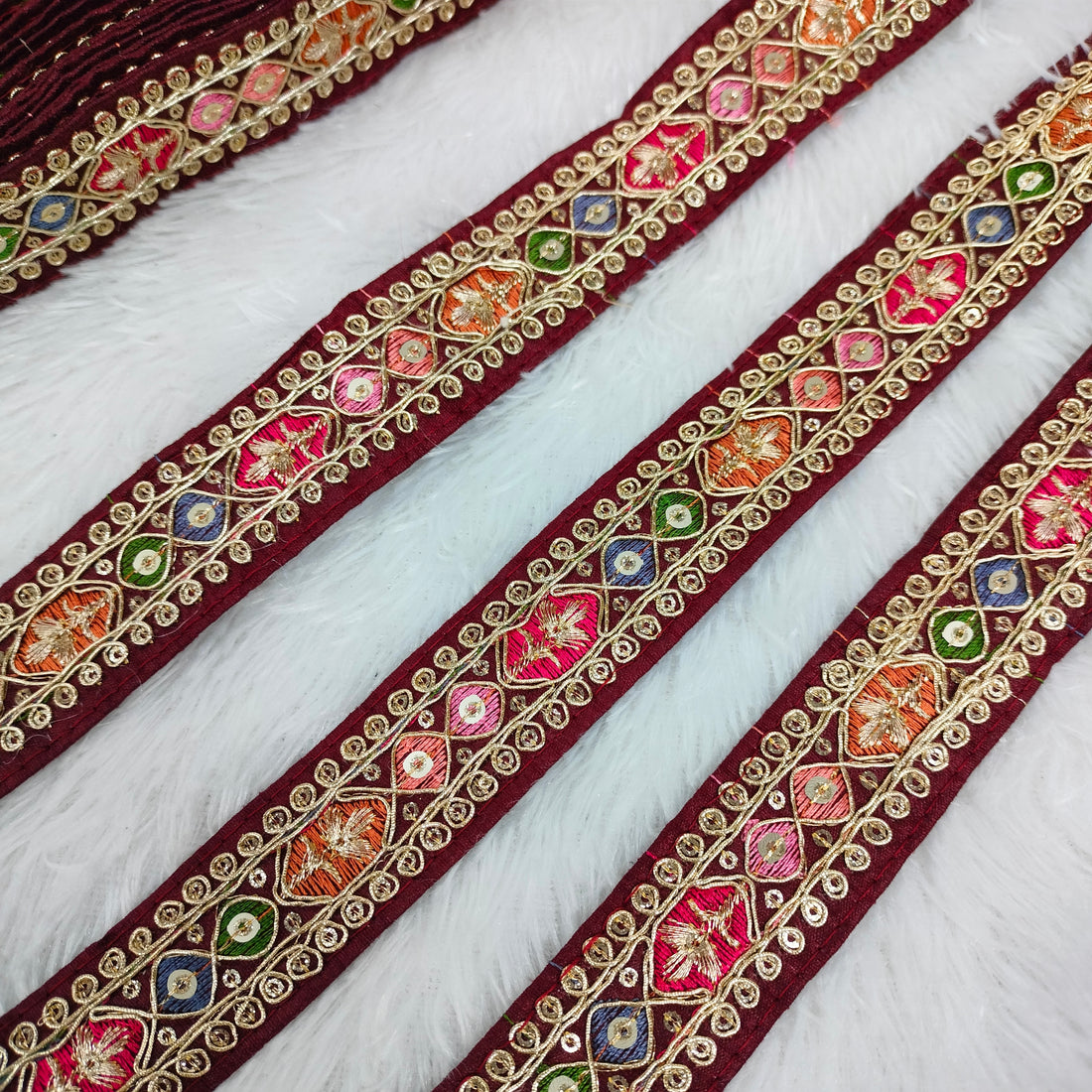 Geometric Floral Embroidered Sequin Lace Trim Border for Ethnic Wear