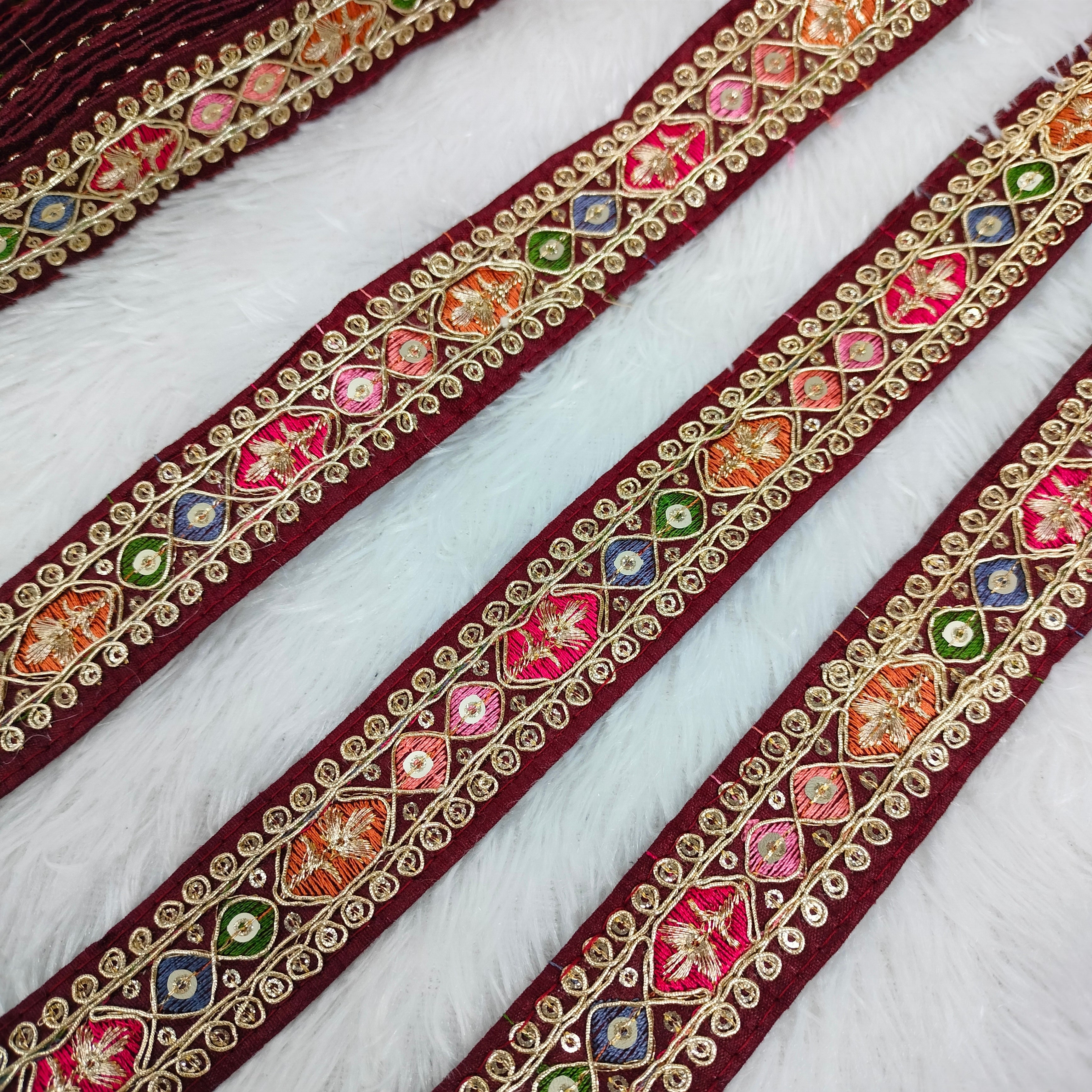 Geometric Floral Embroidered Sequin Lace Trim Border for Ethnic Wear