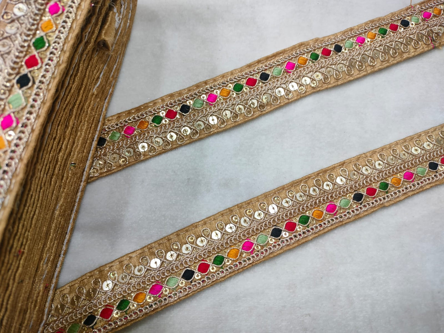 Elegant Beige Gold Base Multicolor Zari Trim