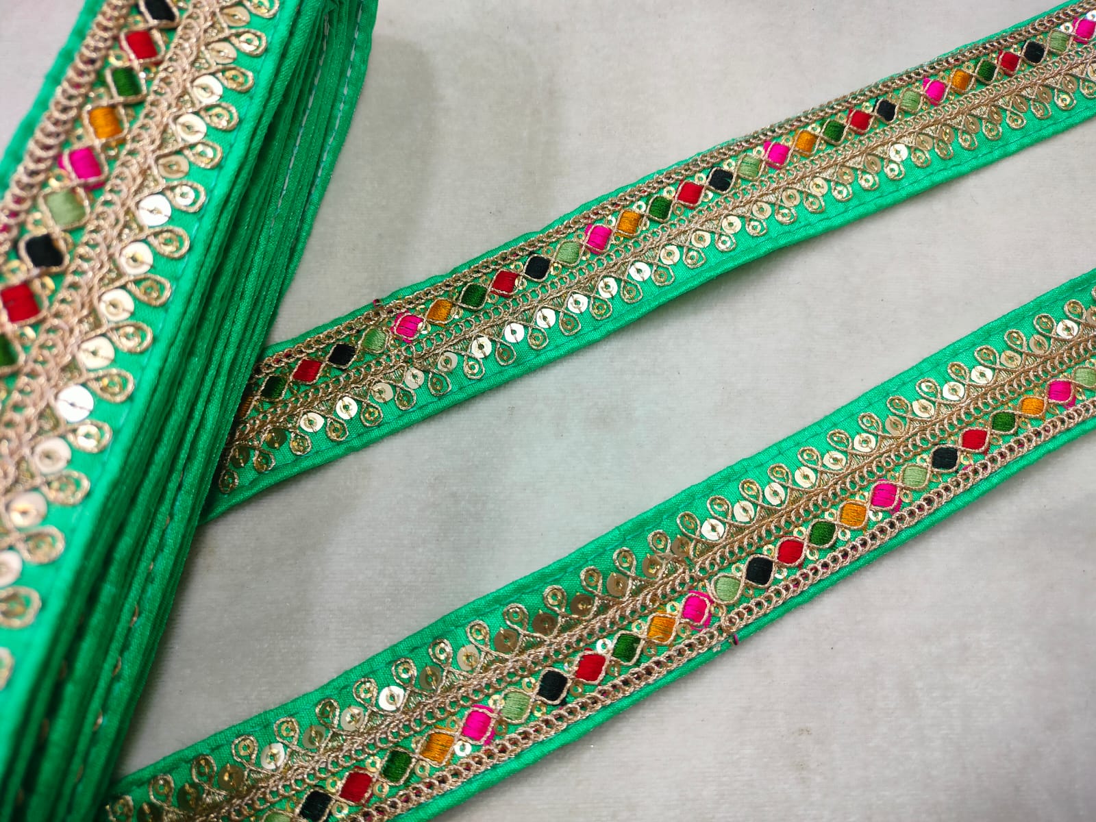 Vibrant Mint Green Base Multicolor Zari Lace Trim