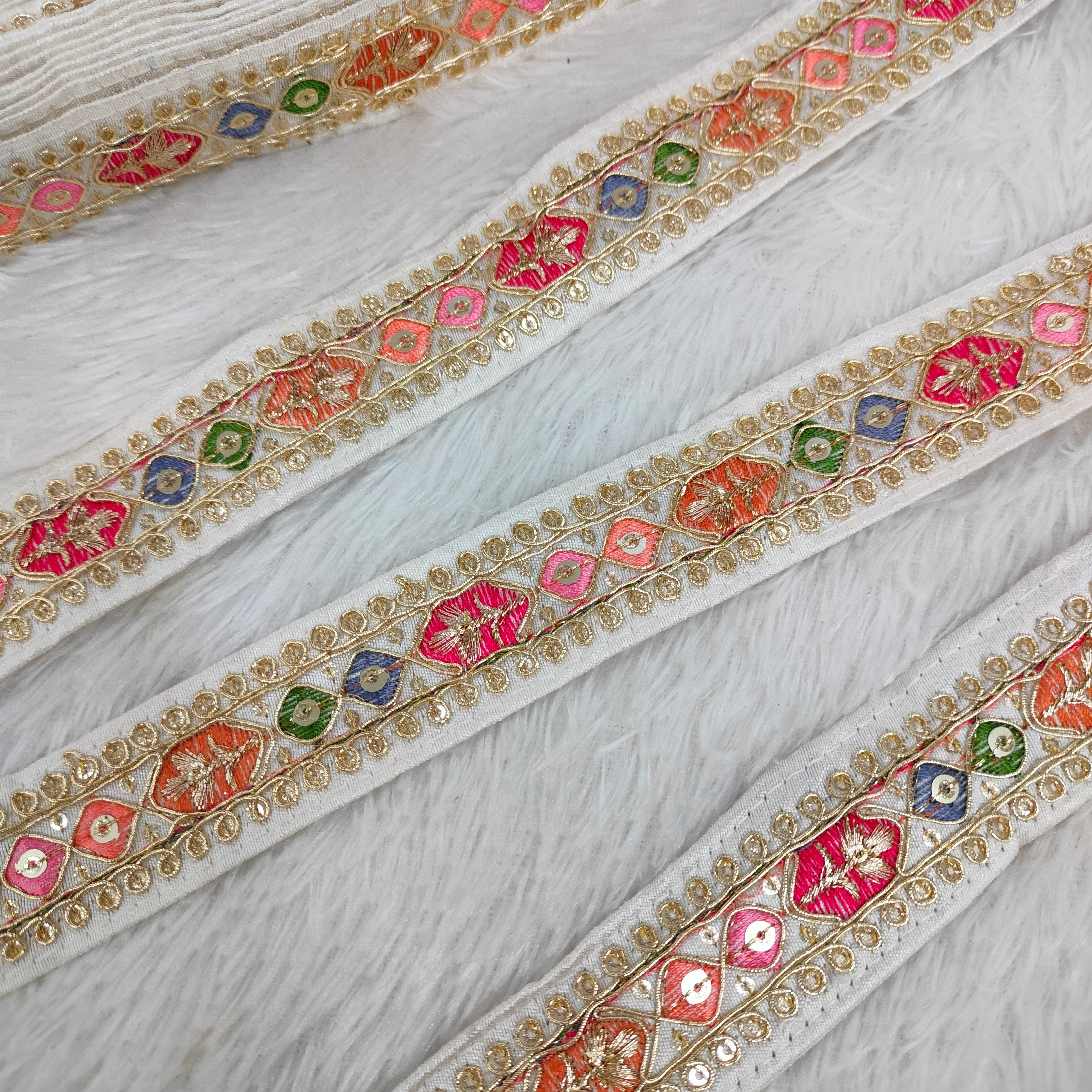 Geometric Floral Embroidered Sequin Lace Trim Border for Ethnic Wear