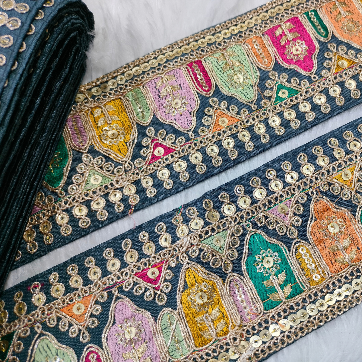 Multicolor Embroidered Sequin Lace Trim Border for Ethnic and Festive Wear