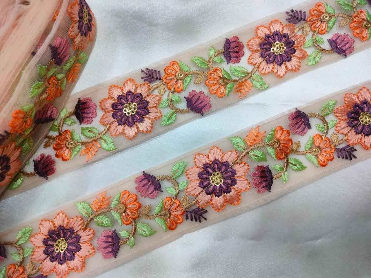 Delicate Peach Floral Lace Embroidery Trim