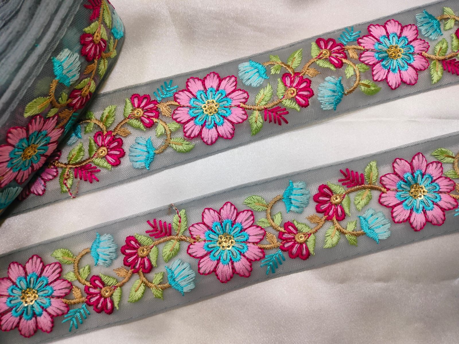 Grey Floral Embroidery Trim for Crafts