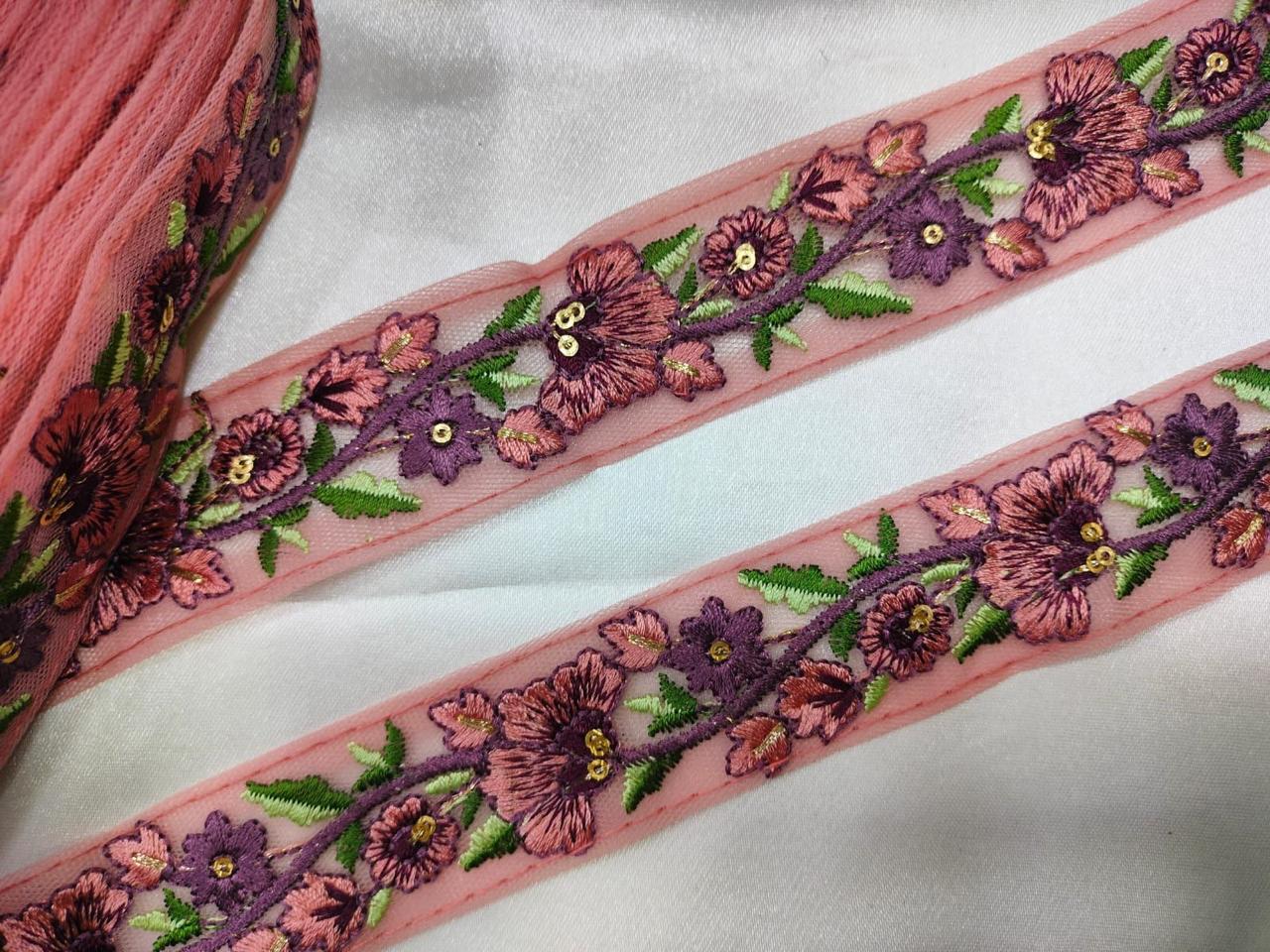 Blush Pink Floral Embroidered Trim with Multicolor Accents