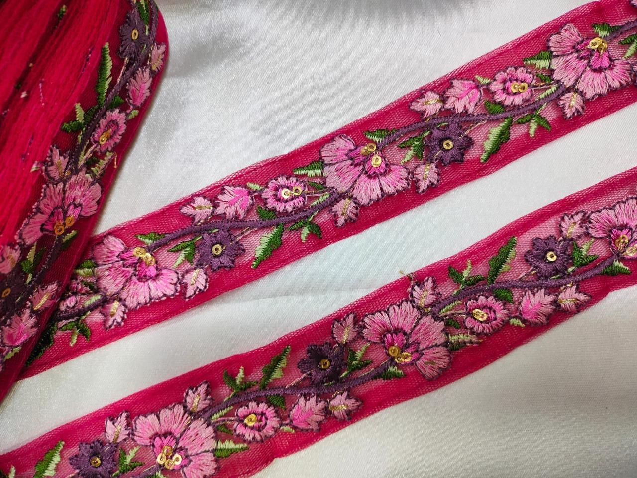 Pink Floral Embroidered Trim with Multicolor Accents