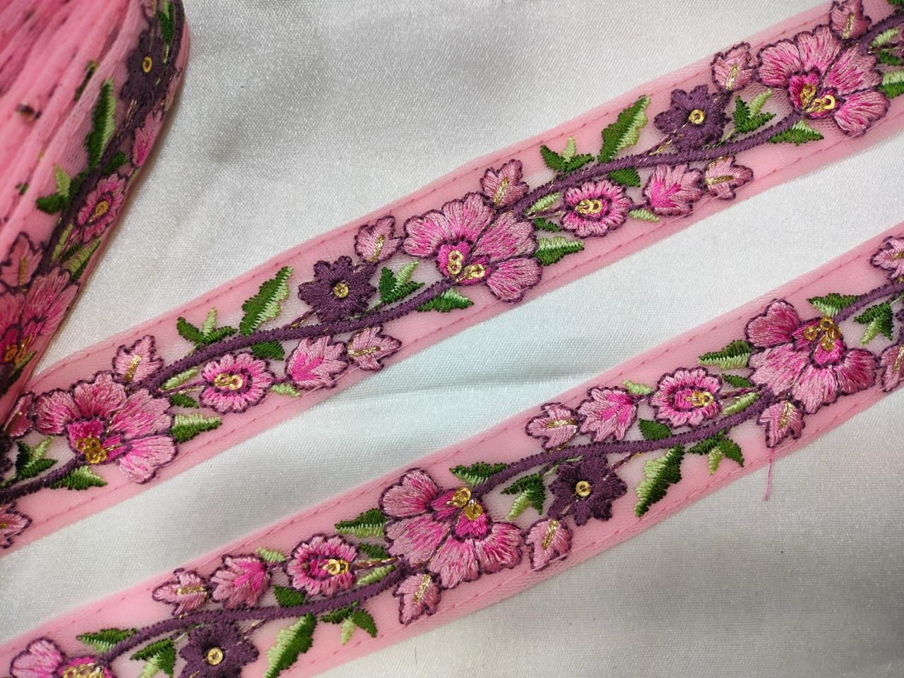 Light Pink Floral Embroidered Trim with Multicolor Accents