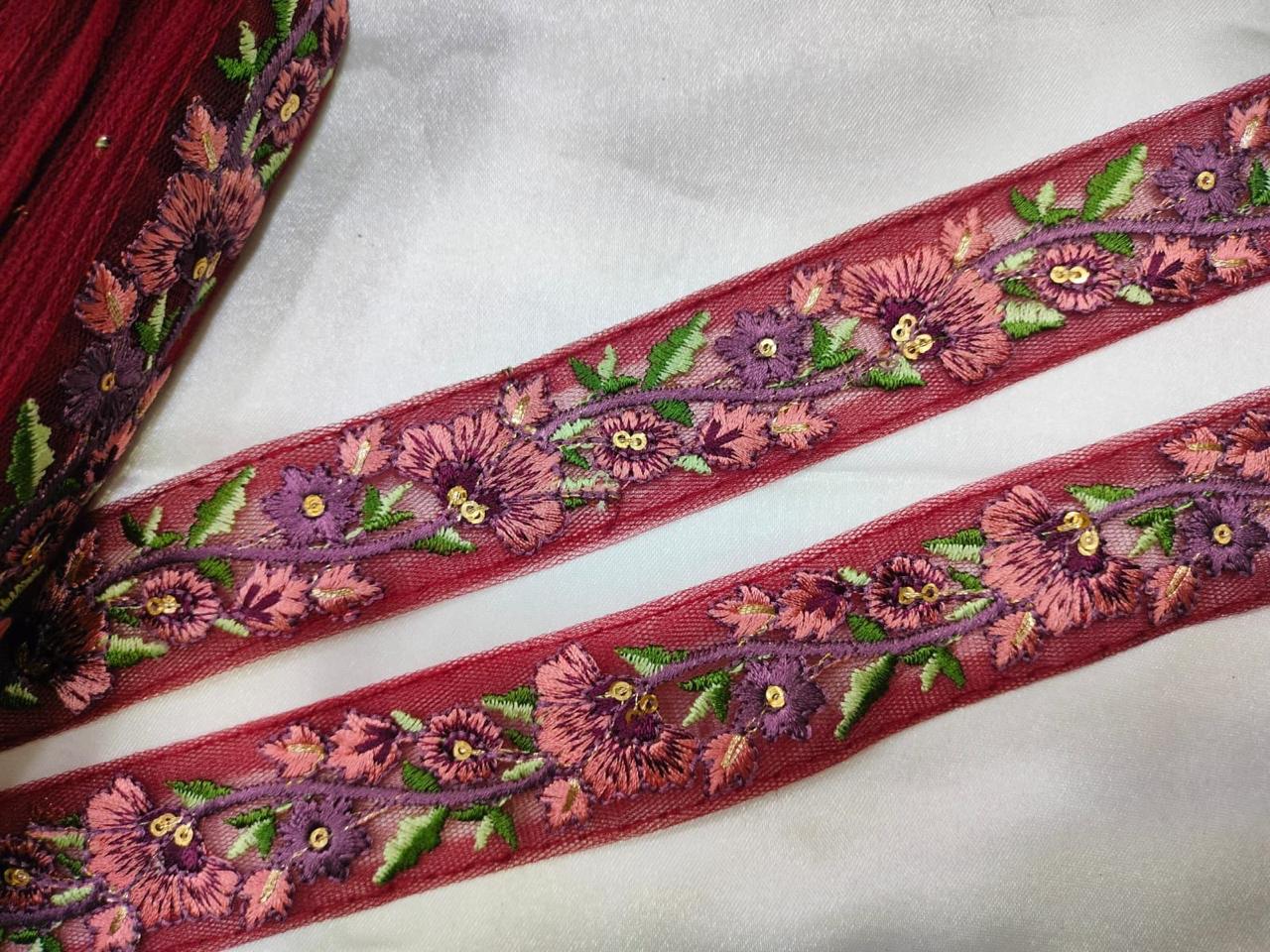 Red Floral Embroidered Trim with Multicolor Accents