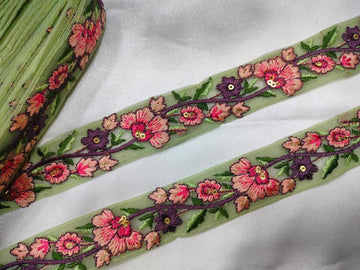 Green Floral Embroidered Trim with Multicolor Accents