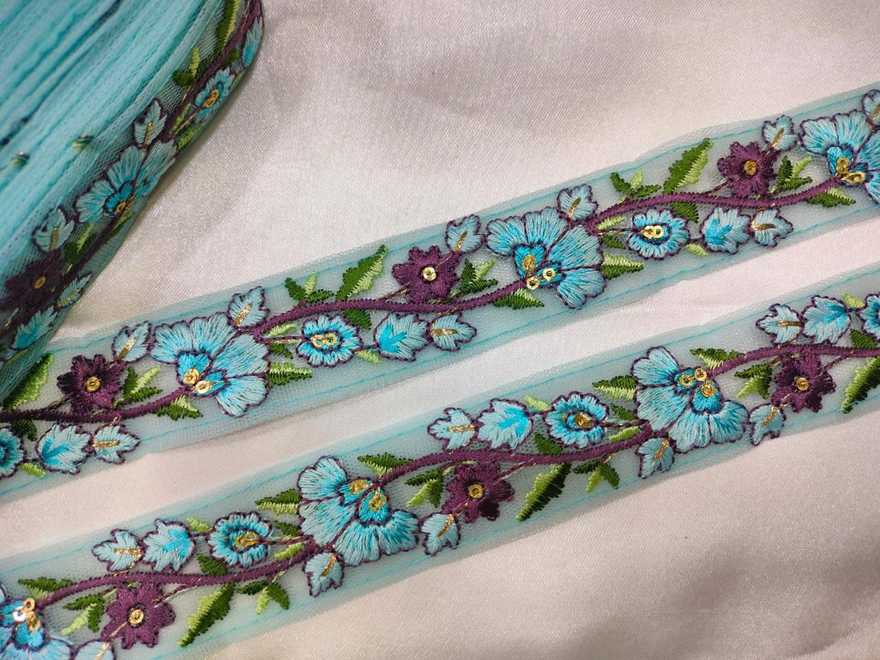 Light Blue Floral Embroidered Trim with Multicolor Accents